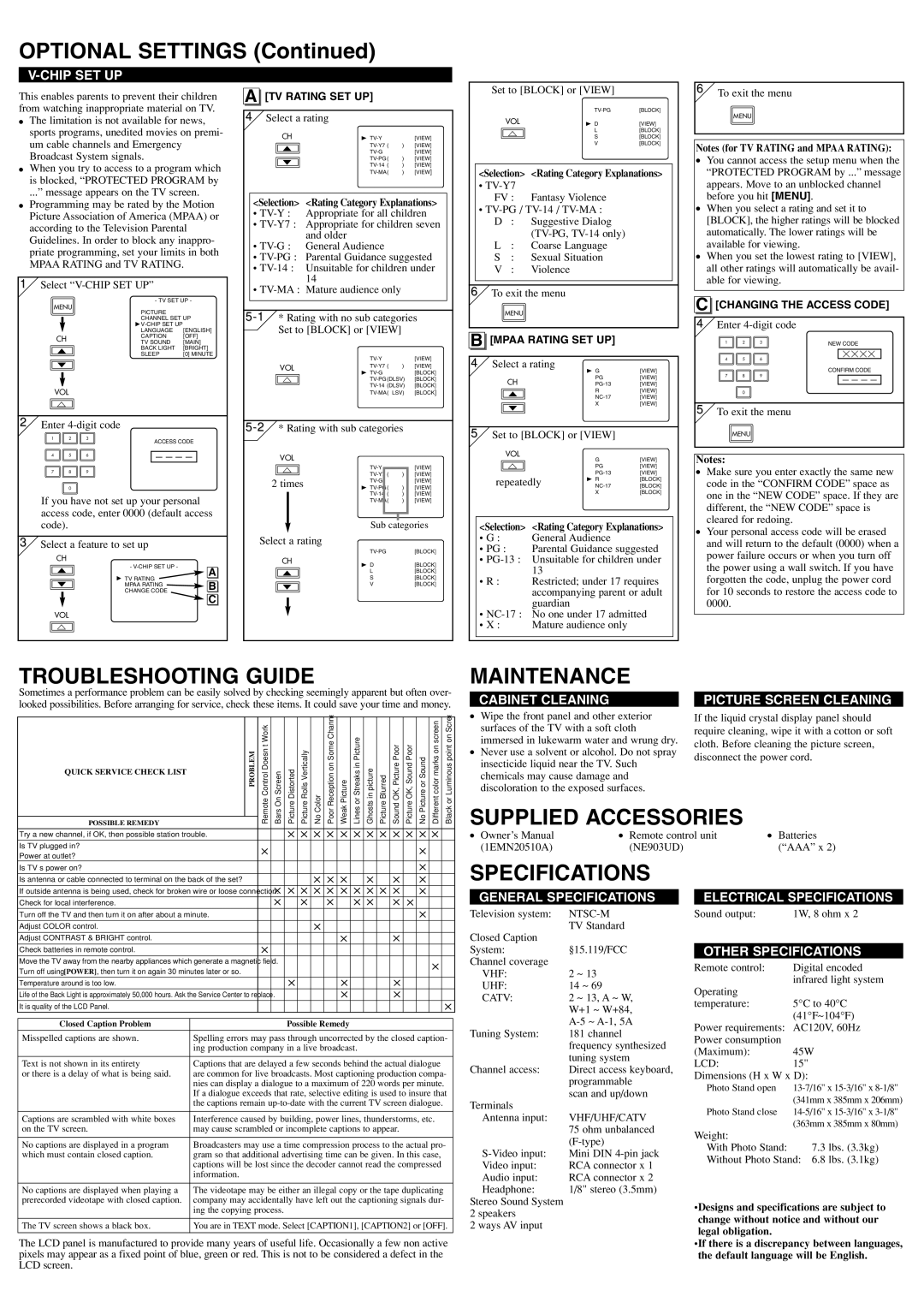 Symphonic WF15L5 owner manual Optional Settings, Troubleshooting Guide, Maintenance, Specifications 