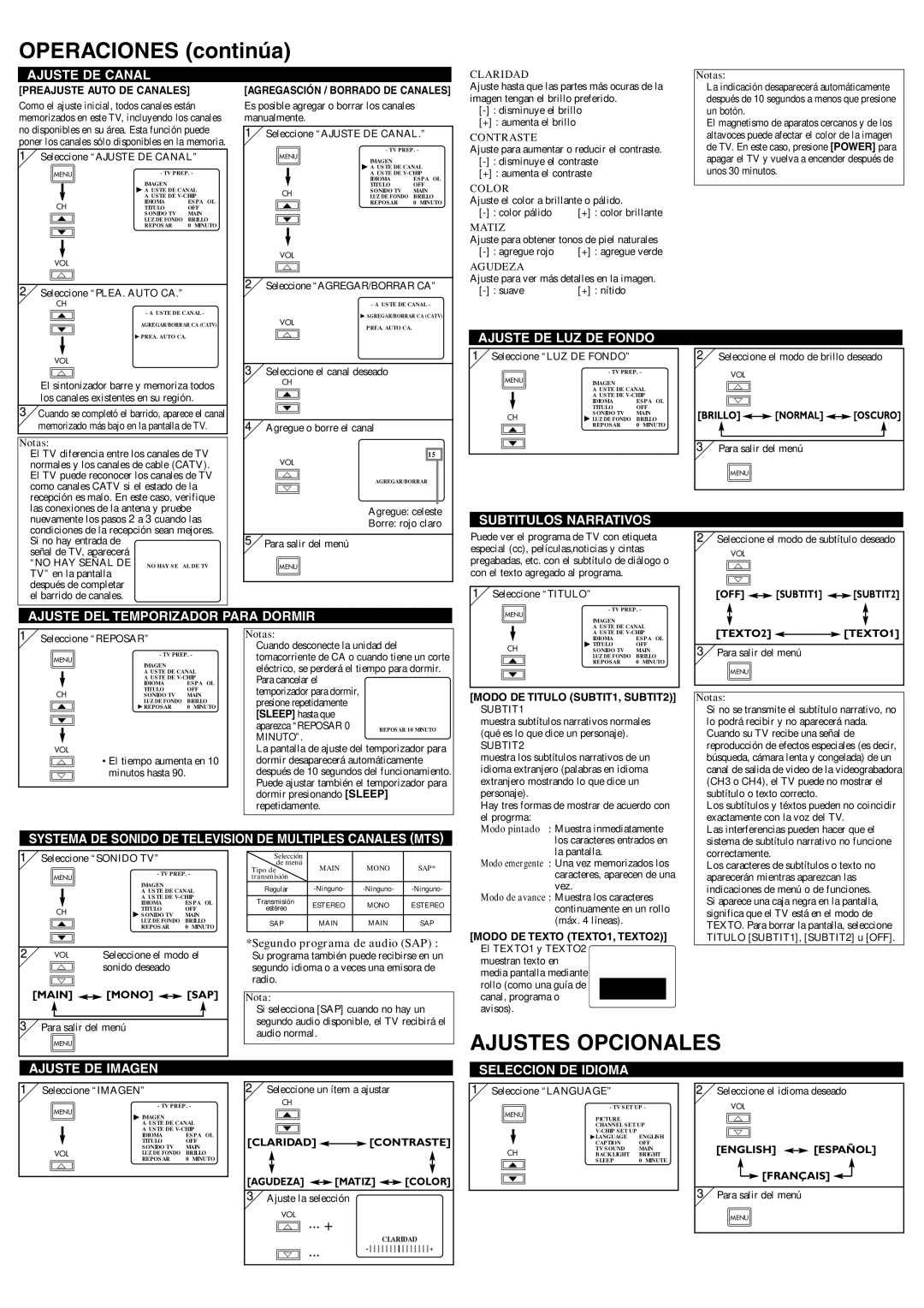 Symphonic WF15L5 owner manual Operaciones continúa, Ajustes Opcionales 