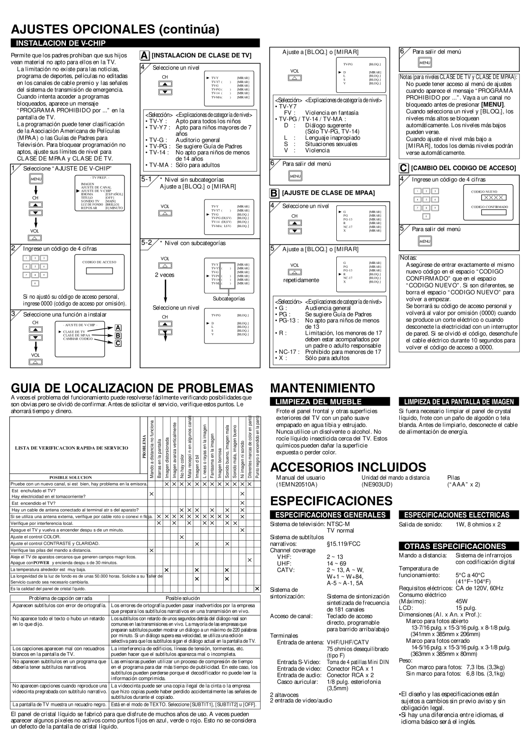 Symphonic WF15L5 Ajustes Opcionales continúa, Guia DE Localizacion DE Problemas, Mantenimiento, Accesorios Incluidos 