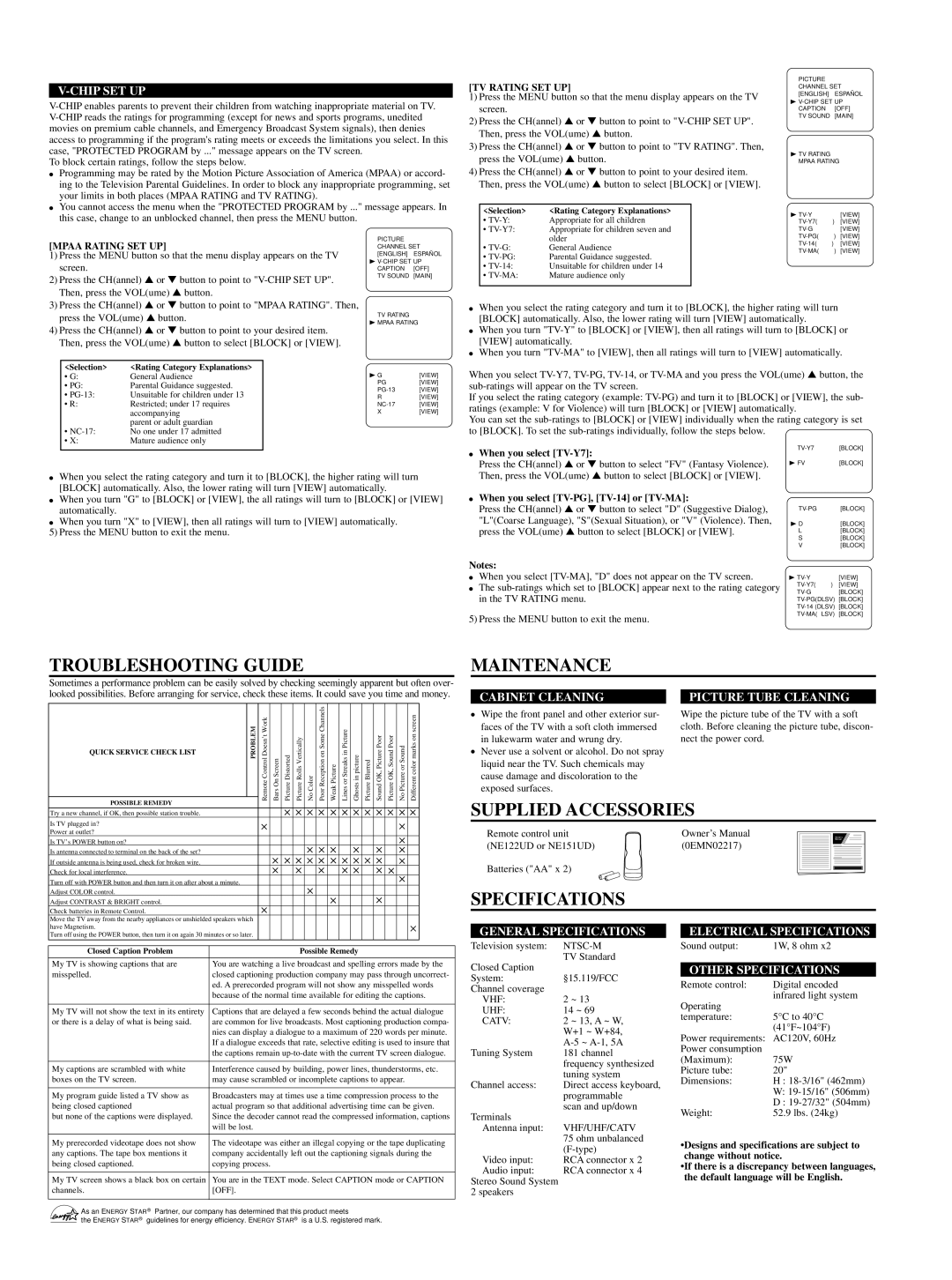 Symphonic WF203 owner manual Troubleshooting Guide, Maintenance, Supplied Accessories, Specifications 