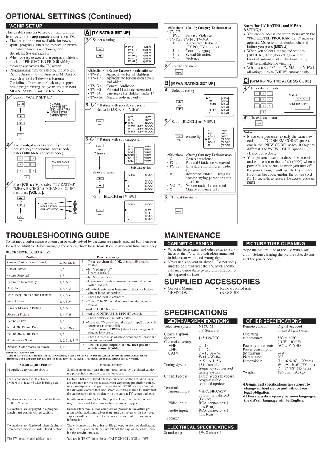 Symphonic WF206 owner manual Optional Settings, Troubleshooting Guide, Maintenance, Supplied Accessories, Specifications 