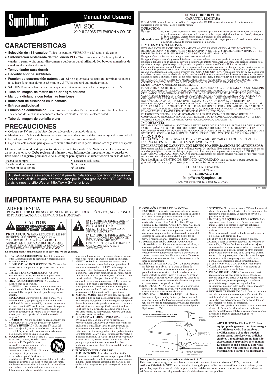 Symphonic WF206 owner manual Caracteristicas, Precauciones, Atencion, Temporizador para dormir Decodificador de subtítulos 