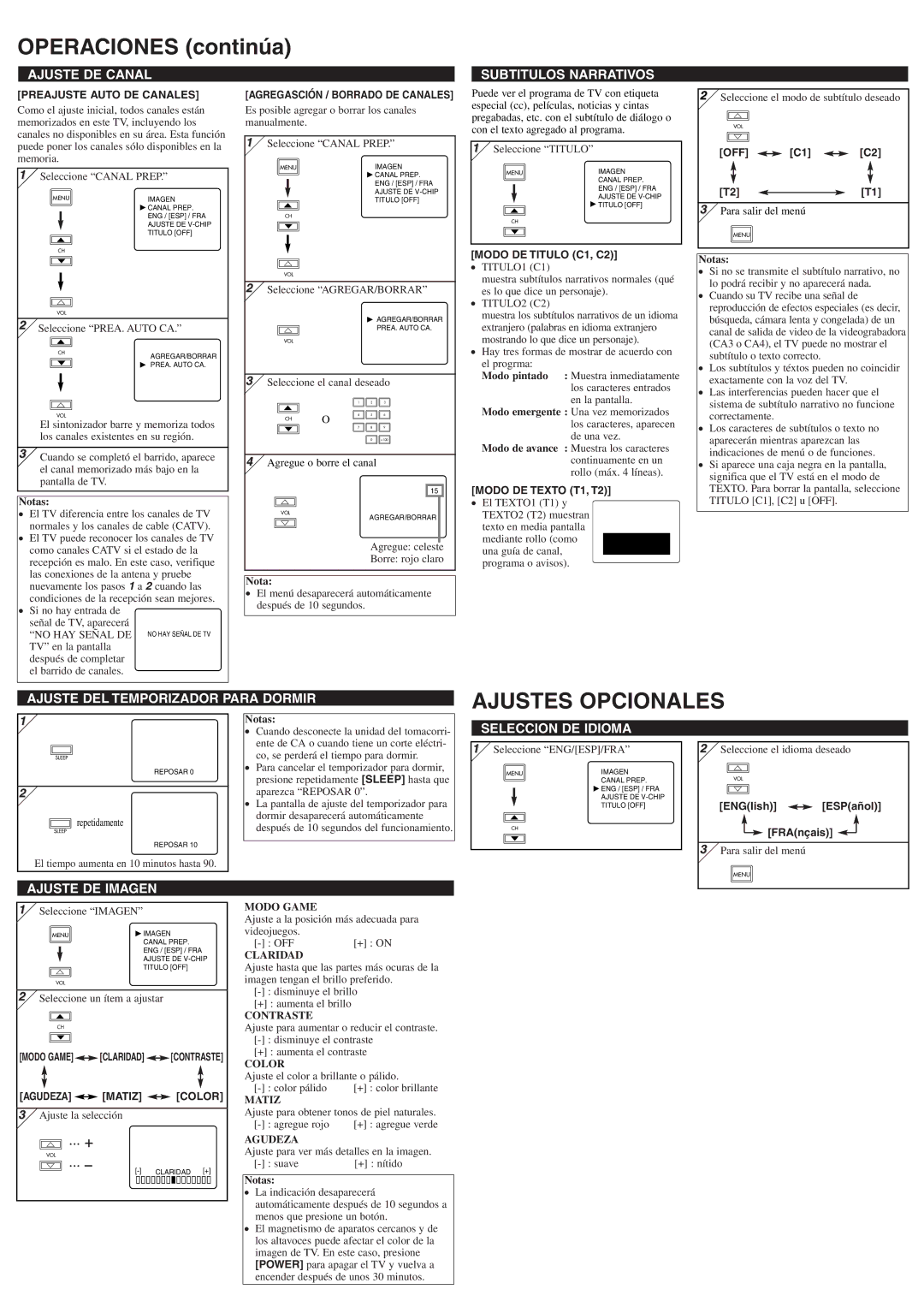 Symphonic WF206 owner manual Operaciones continúa, Ajustes Opcionales 