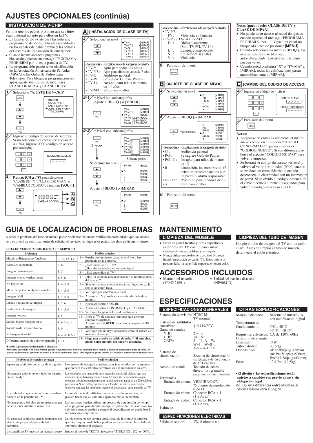 Symphonic WF206 owner manual Ajustes Opcionales continúa, Mantenimiento, Accesorios Incluidos, Especificaciones 