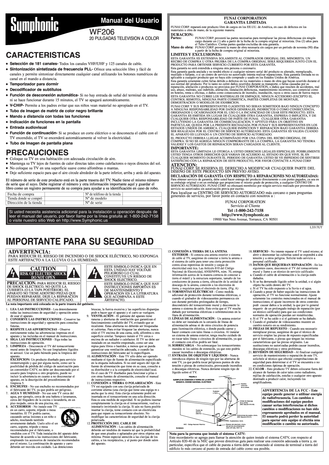Symphonic WF206 Caracteristicas, Precauciones, Manual del Usuario, Atencion, Funai Corporation Garantia Limitada, Duracion 