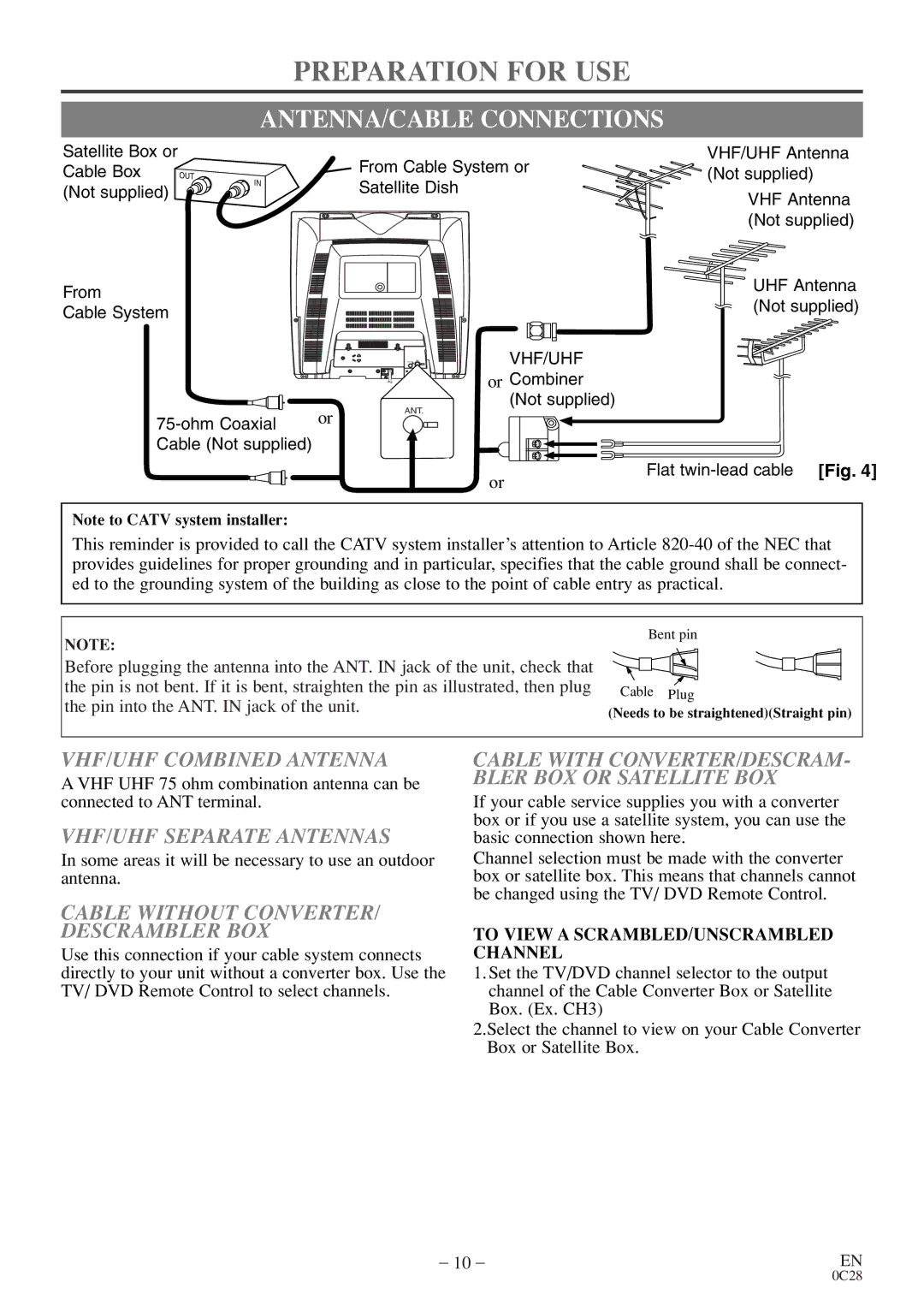 Symphonic WF20D4 Preparation for USE, ANTENNA/CABLE Connections, VHF/UHF Combined Antenna, VHF/UHF Separate Antennas 