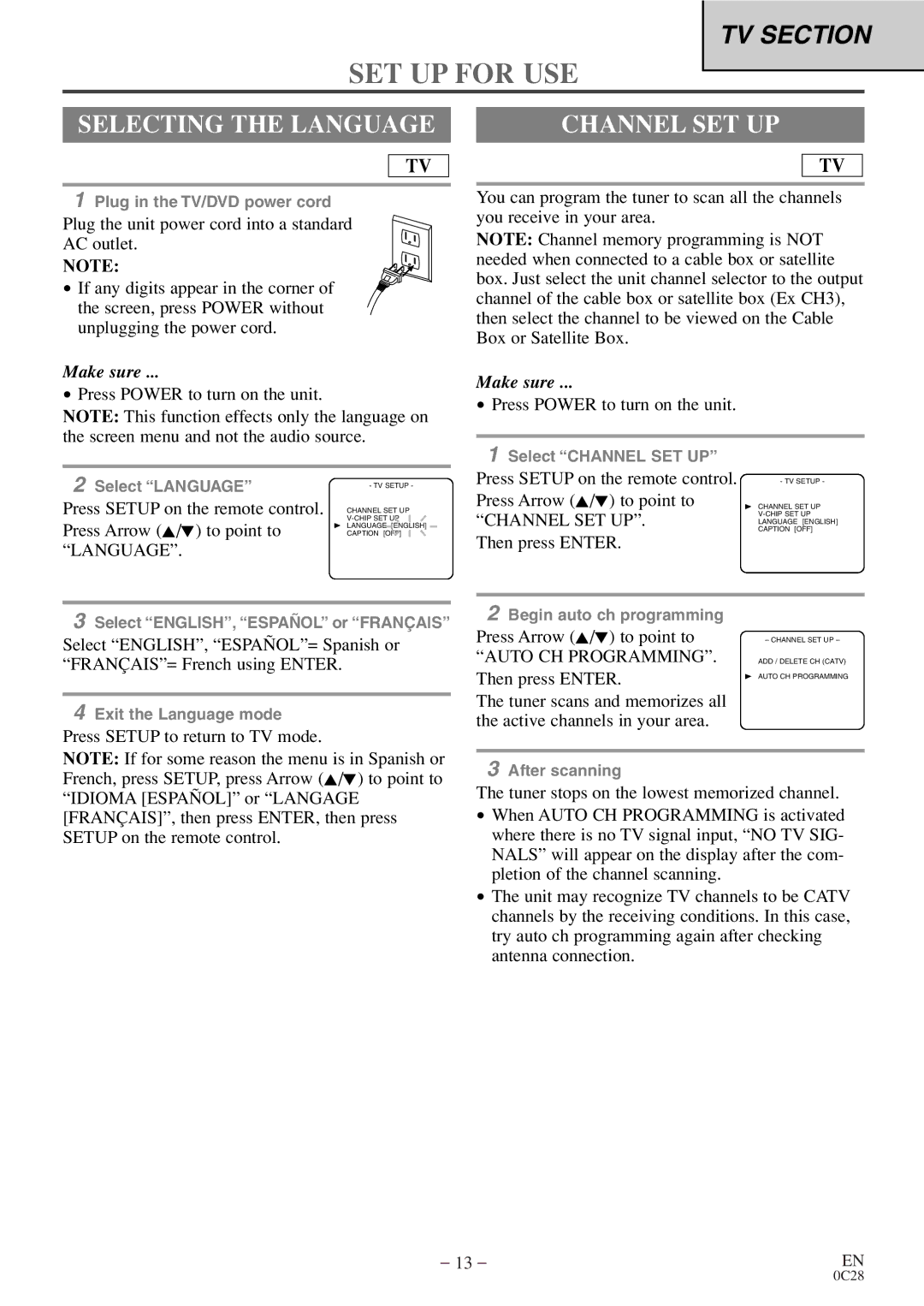 Symphonic WF20D4 owner manual SET UP for USE, Selecting the Language, Channel SET UP 