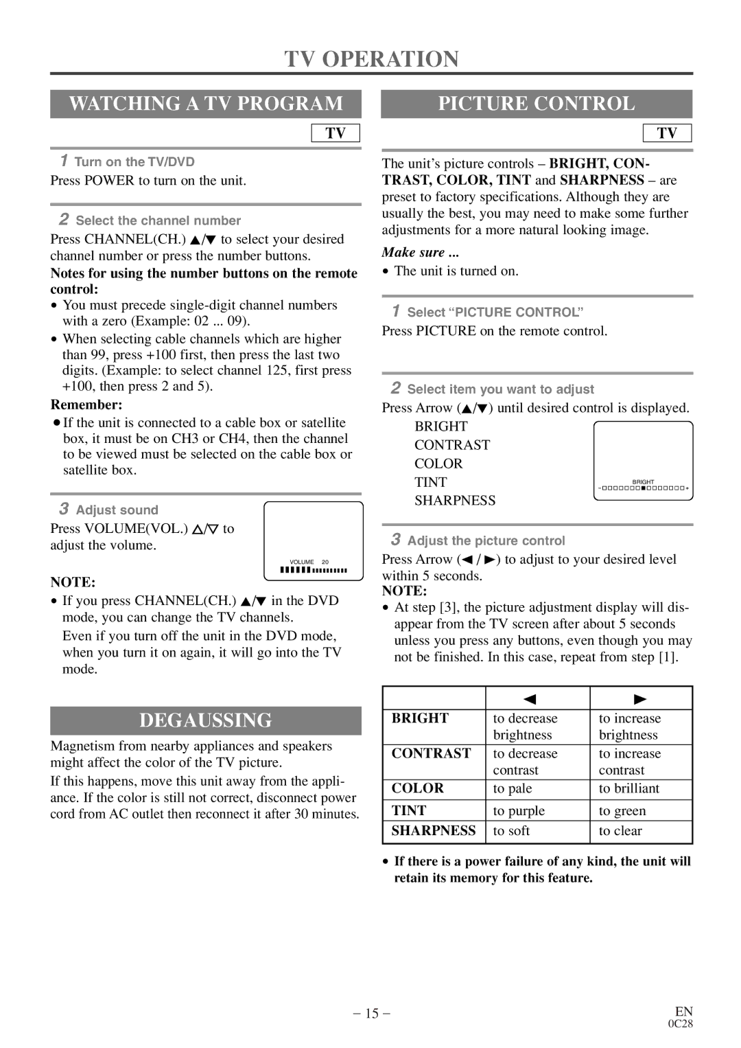 Symphonic WF20D4 owner manual TV Operation, Watching a TV Program, Degaussing, Picture Control 