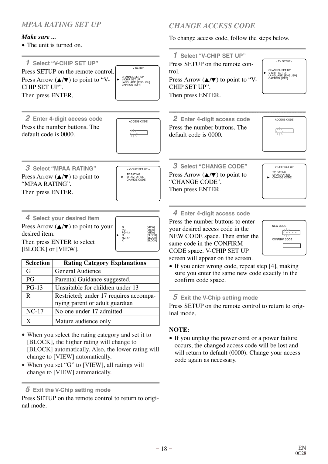 Symphonic WF20D4 owner manual Mpaa Rating SET UP, Change Access Code 