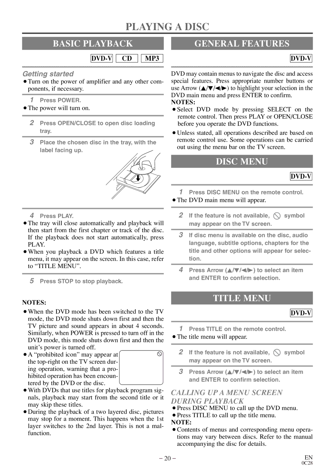 Symphonic WF20D4 owner manual Playing a Disc, Basic Playback General Features, Disc Menu, Title Menu 