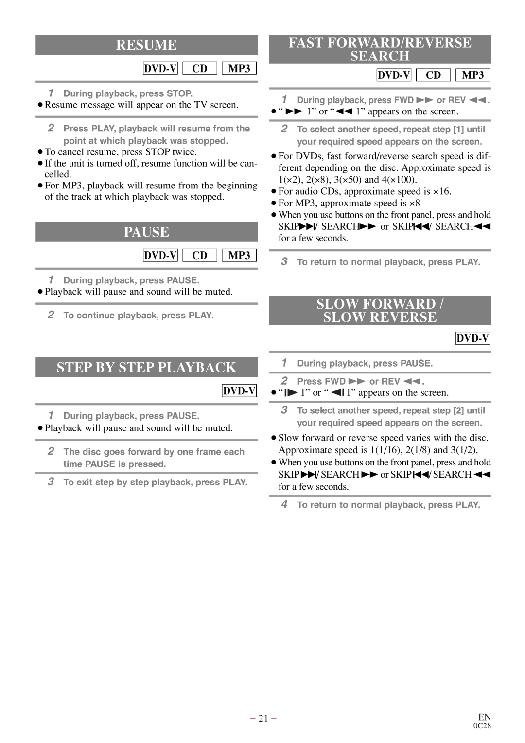 Symphonic WF20D4 owner manual Resume, Pause, Step by Step Playback, Fast FORWARD/REVERSE Search, Slow Forward Slow Reverse 