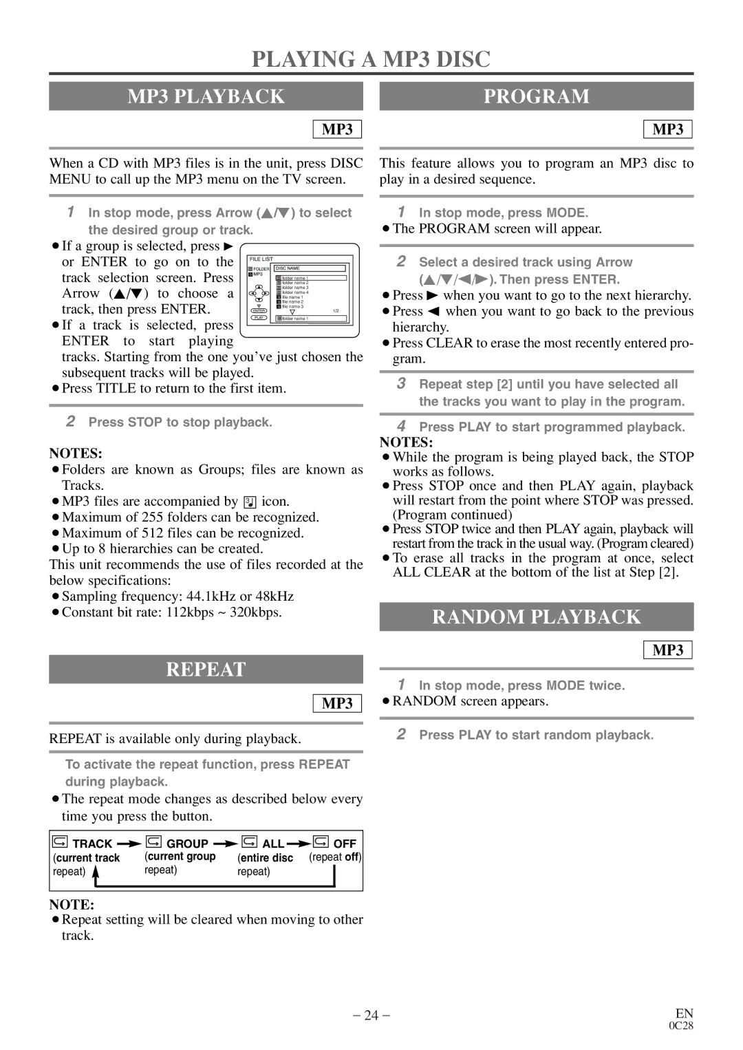 Symphonic WF20D4 owner manual Playing a MP3 Disc, MP3 Playback, Program, Repeat 