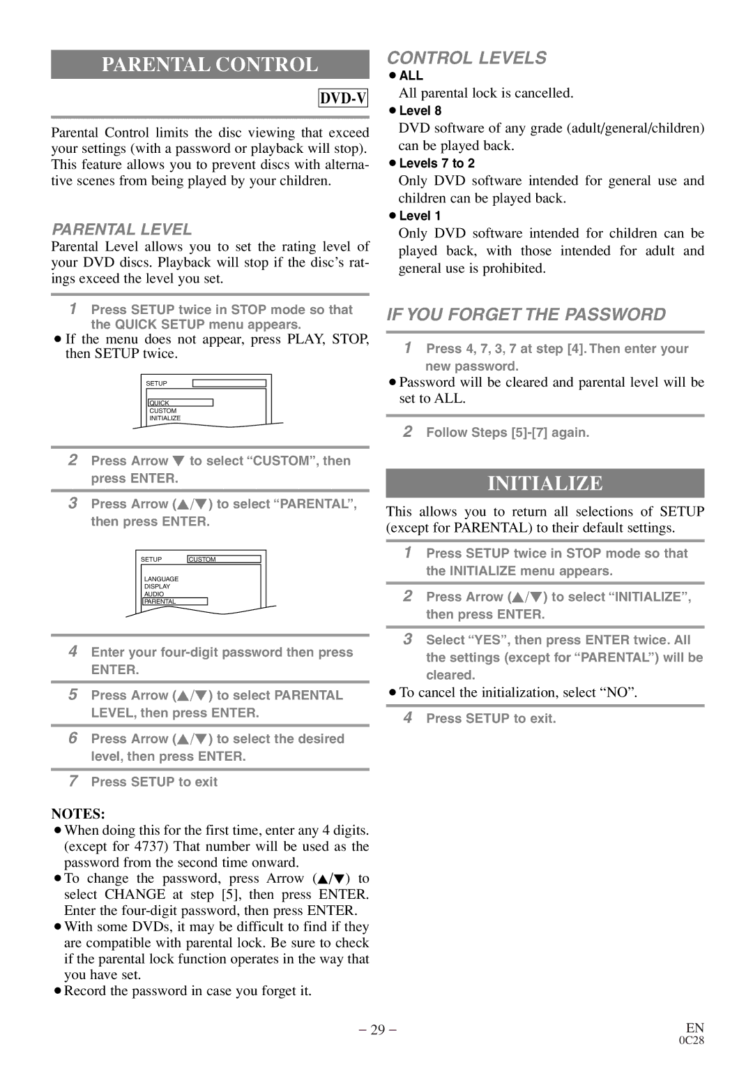 Symphonic WF20D4 owner manual Parental Control, Initialize 