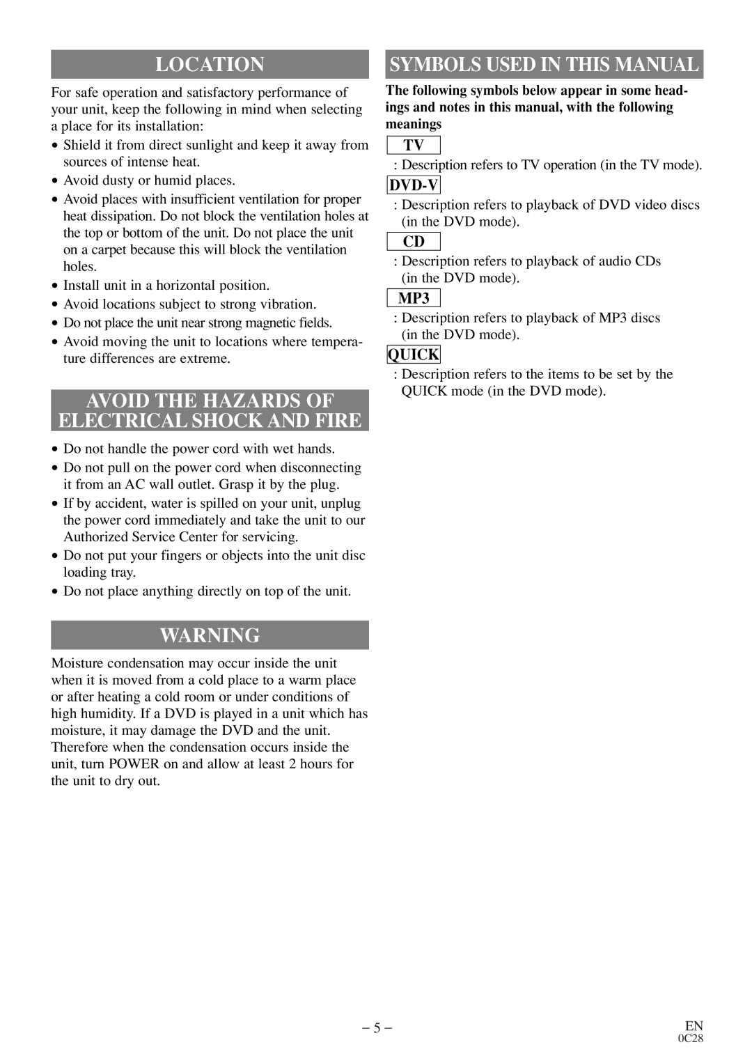 Symphonic WF20D4 owner manual Location, Avoid the Hazards Electrical Shock and Fire 