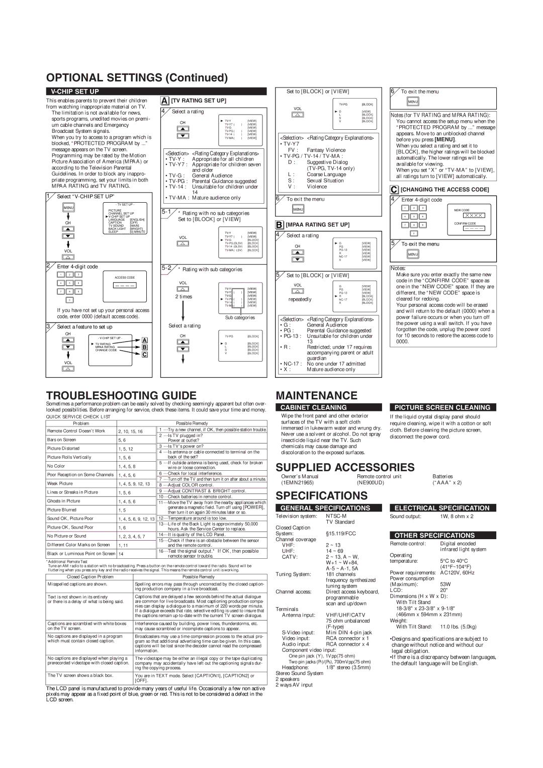 Symphonic WF20L6 owner manual Optional Settings, Troubleshooting Guide, Maintenance, Supplied Accessories, Specifications 