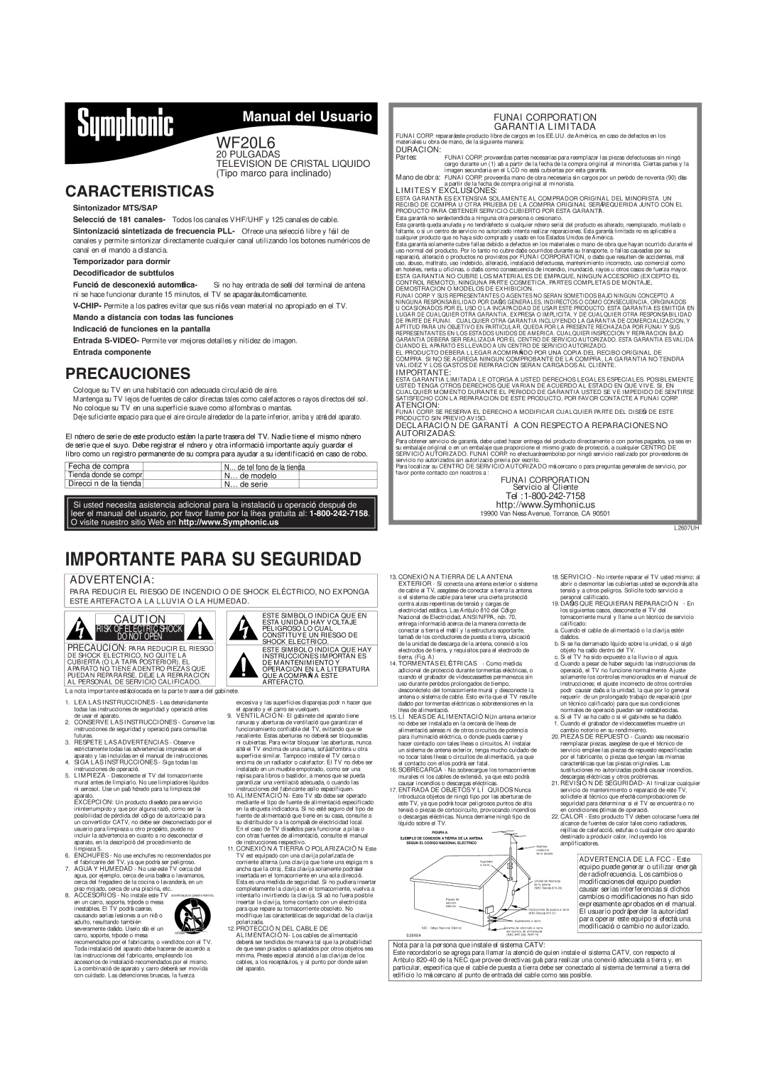 Symphonic WF20L6 owner manual Caracteristicas, Precauciones, Funai Corporation Garantia Limitada, Sintonizador MTS/SAP 