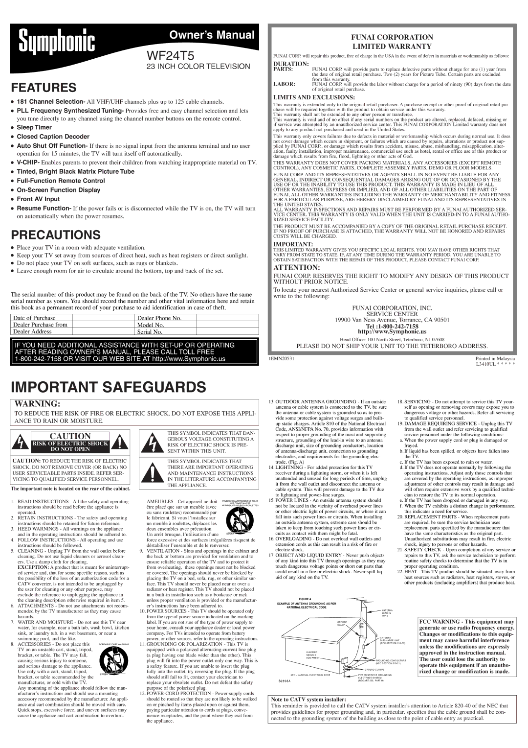 Symphonic WF24T5 owner manual Features, Precautions, Funai Corporation Limited Warranty 