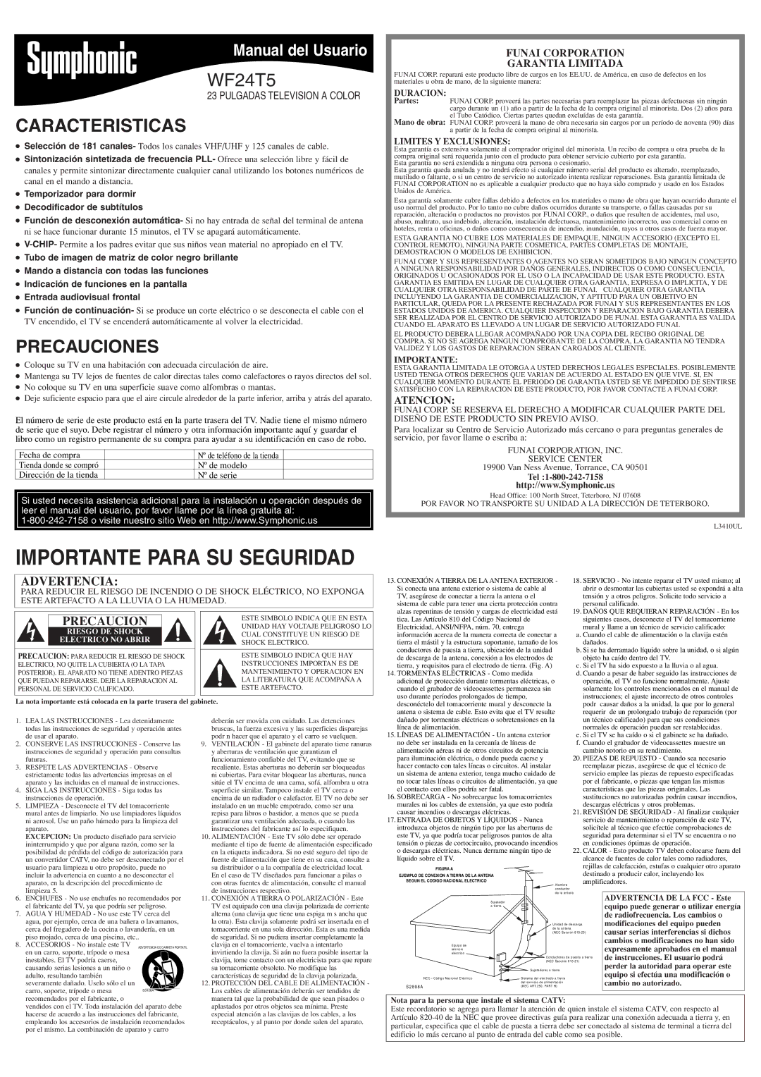 Symphonic WF24T5 owner manual Caracteristicas, Precauciones, Funai Corporation Garantia Limitada, Atencion 