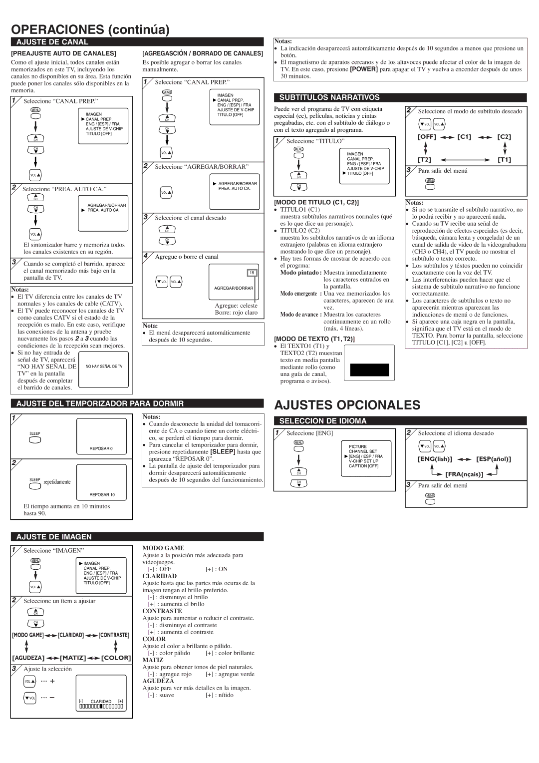 Symphonic WF24T5 owner manual Operaciones continúa, Ajustes Opcionales 