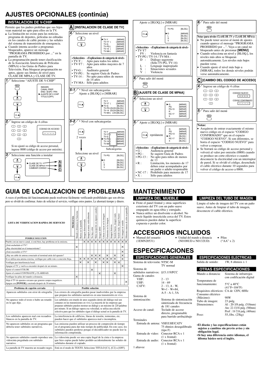 Symphonic WF24T5 Ajustes Opcionales continúa, Guia DE Localizacion DE Problemas, Mantenimiento, Accesorios Incluidos 