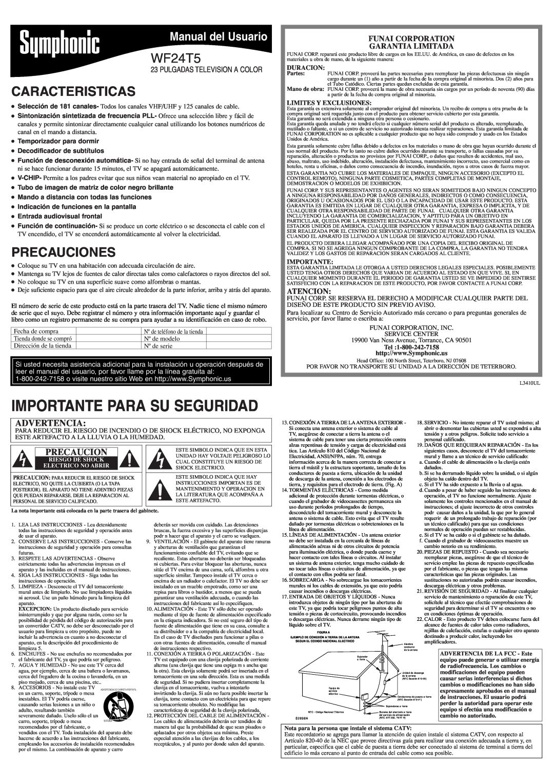 Symphonic WF24T5 Caracteristicas, Precauciones, Manual del Usuario, Funai Corporation Garantia Limitada, Atencion 