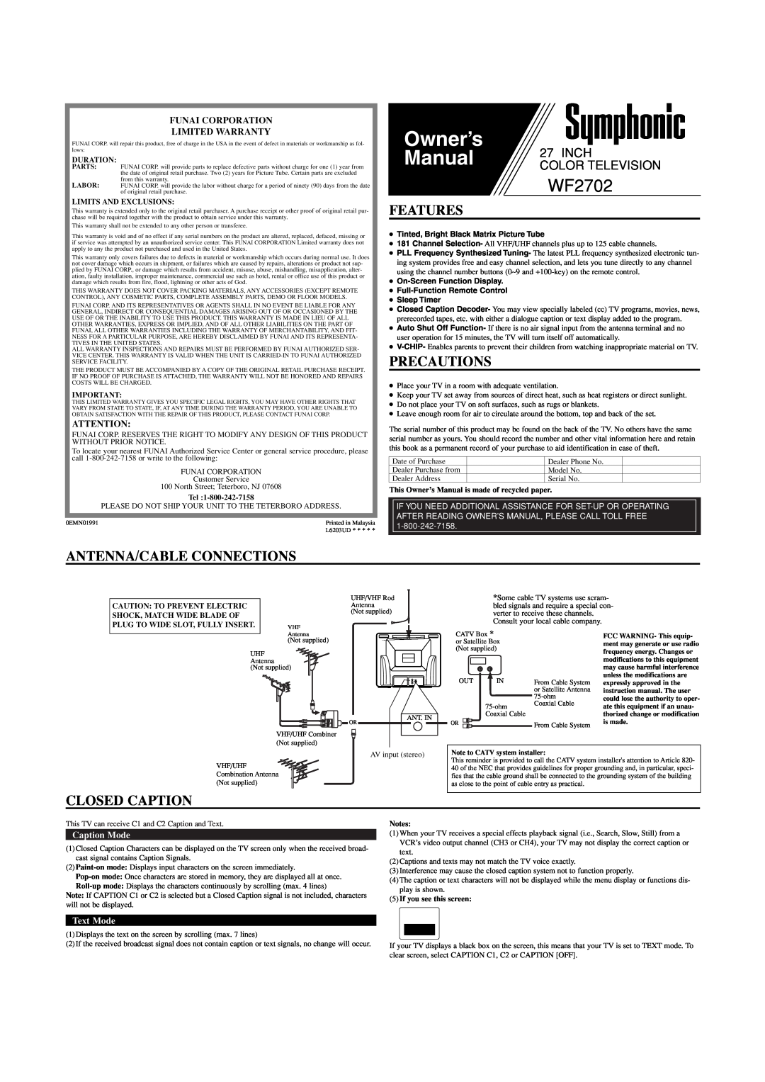 Symphonic WF2702 owner manual Features, Precautions, Antenna/Cable Connections, Closed Caption, Caption Mode, Text Mode 