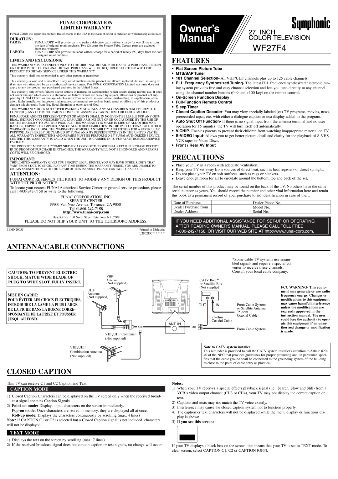 Symphonic WF27F4 owner manual Features, Precautions, ANTENNA/CABLE Connections, Closed Caption 