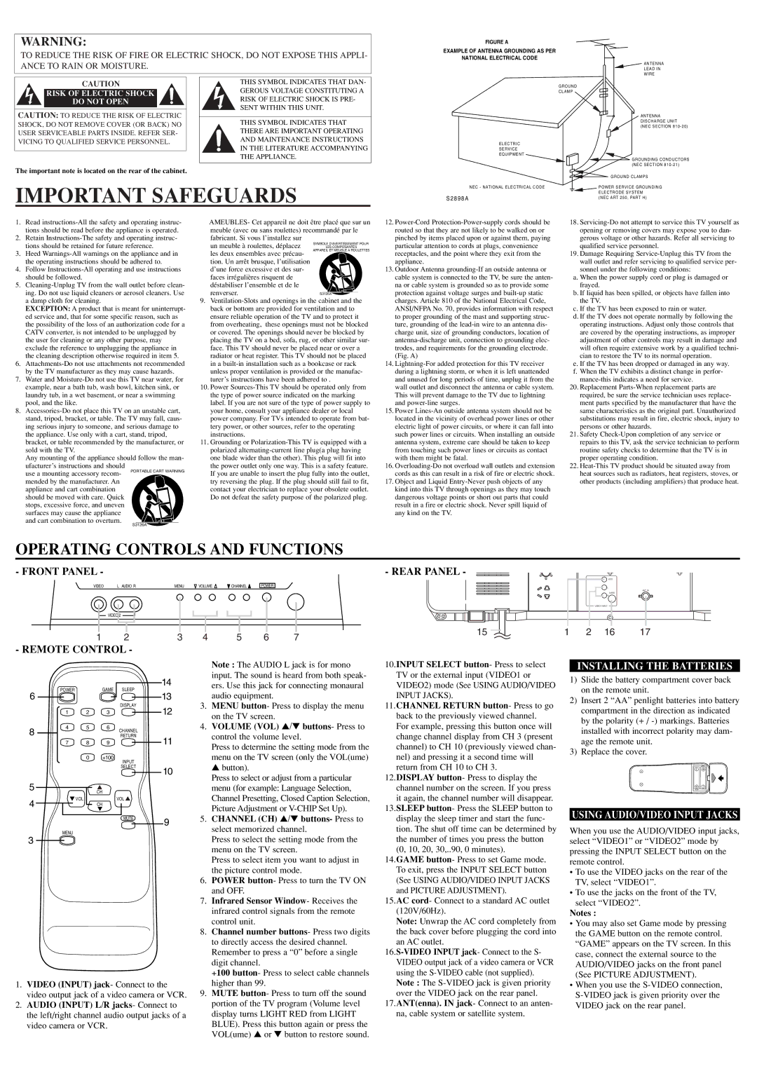 Symphonic WF27F4 Important Safeguards, Remote Control Rear Panel, Installing the Batteries, Using AUDIO/VIDEO Input Jacks 