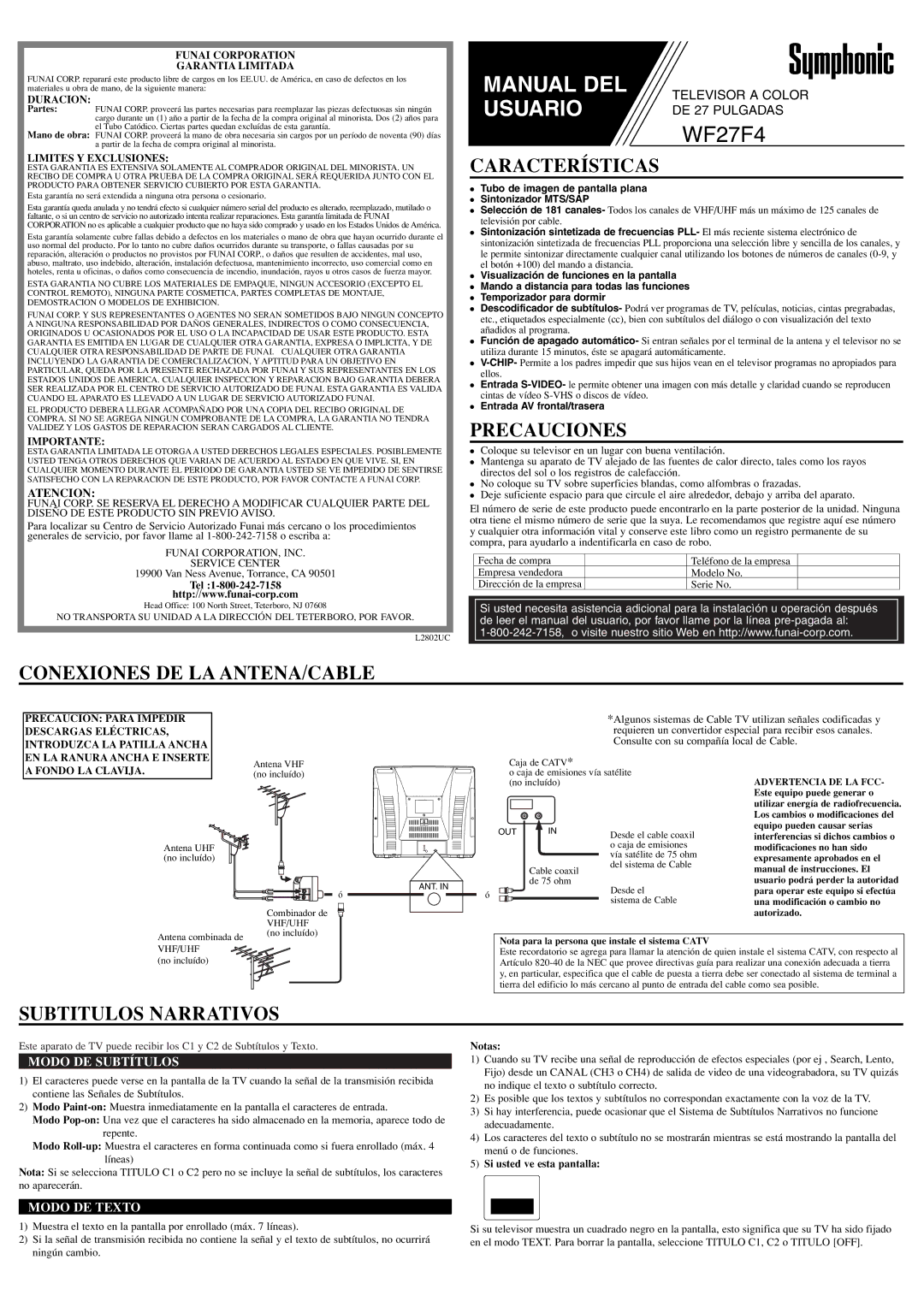 Symphonic WF27F4 owner manual Características, Precauciones, Conexiones DE LA ANTENA/CABLE, Subtitulos Narrativos 