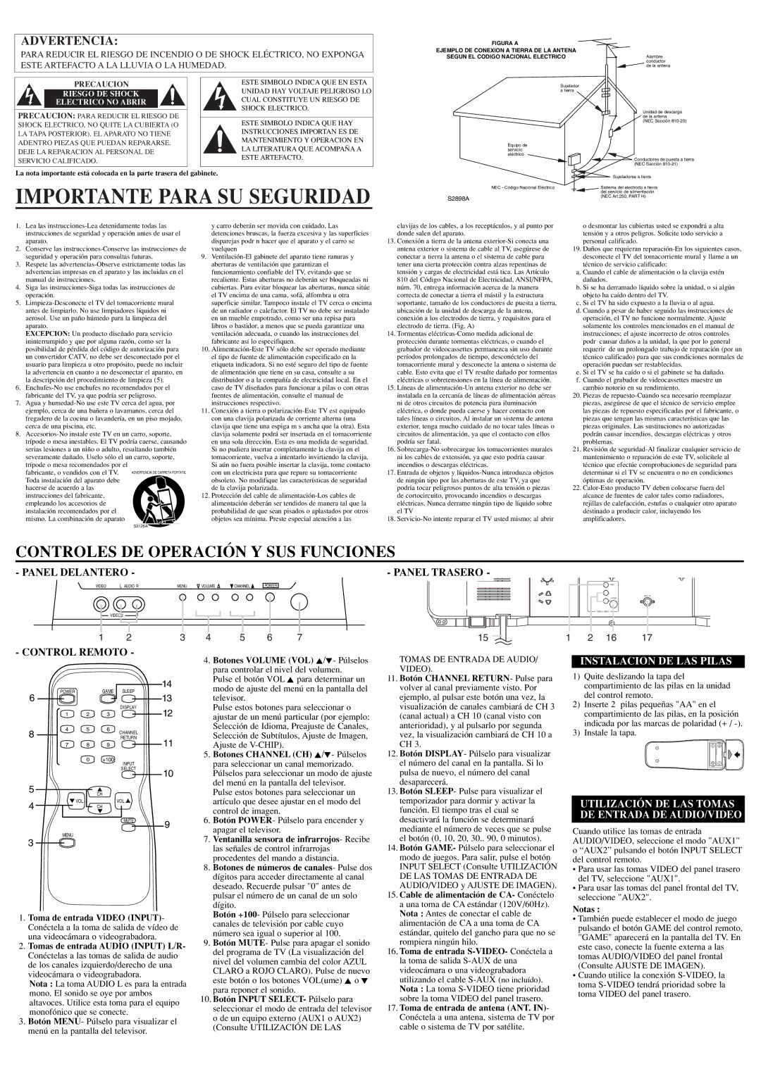 Symphonic WF27F4 owner manual Importante Para SU Seguridad, Panel Trasero, Control Remoto, Instalacion DE LAS Pilas 