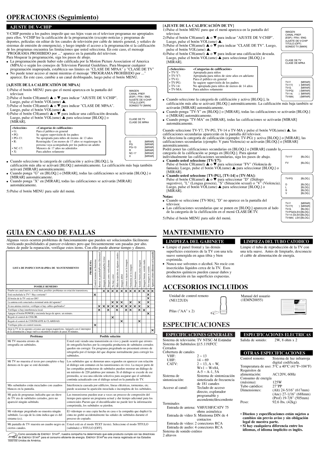 Symphonic WF27F4 Operaciones Seguimiento, Guia EN Caso DE Fallas, Mantenimiento, Accesorios Incluidos, Especificaciones 