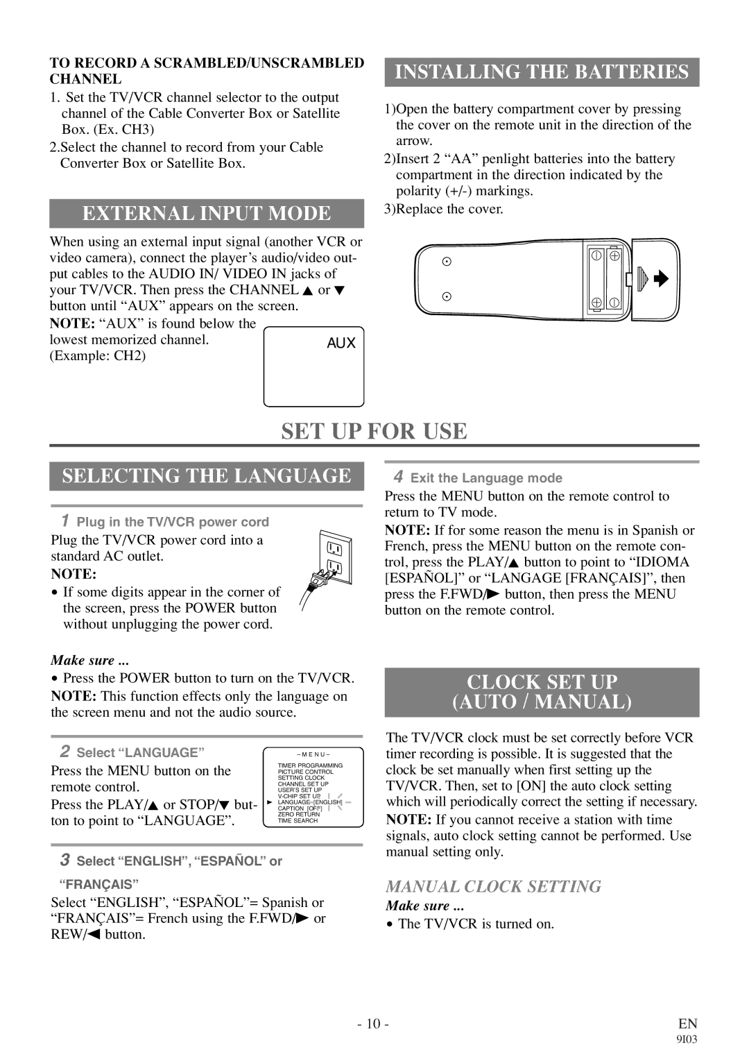 Symphonic WF319E owner manual SET UP for USE, External Input Mode, Installing the Batteries, Selecting the Language 