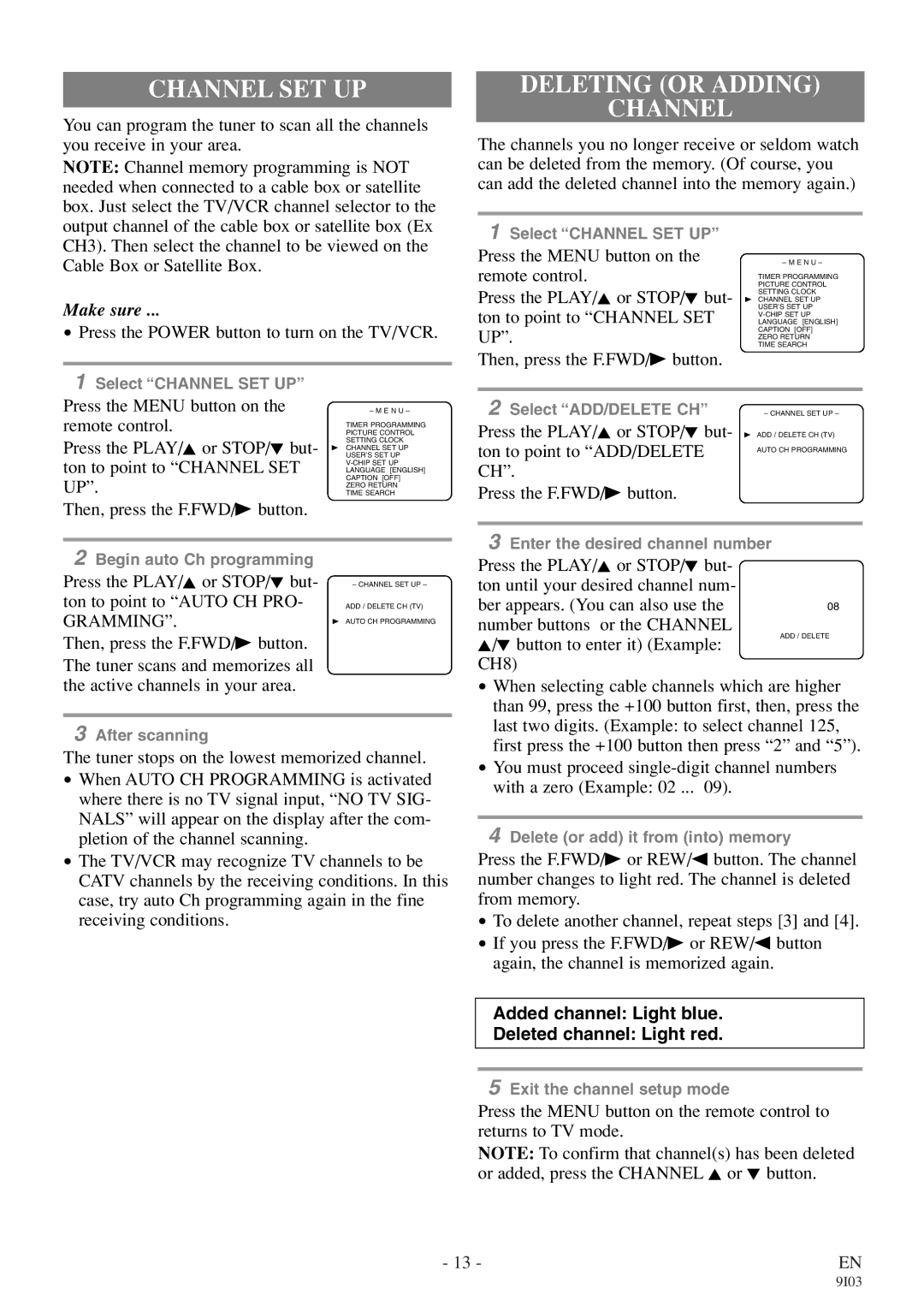 Symphonic WF319E owner manual Channel SET UP, Deleting or Adding Channel 