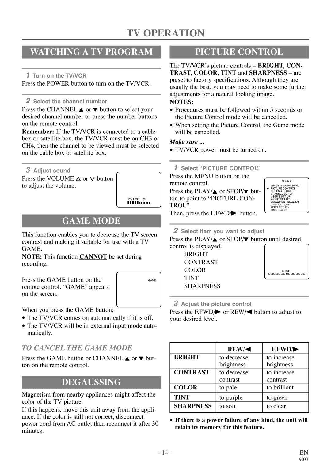 Symphonic WF319E owner manual TV Operation, Watching a TV Program, Picture Control, Game Mode, Degaussing 