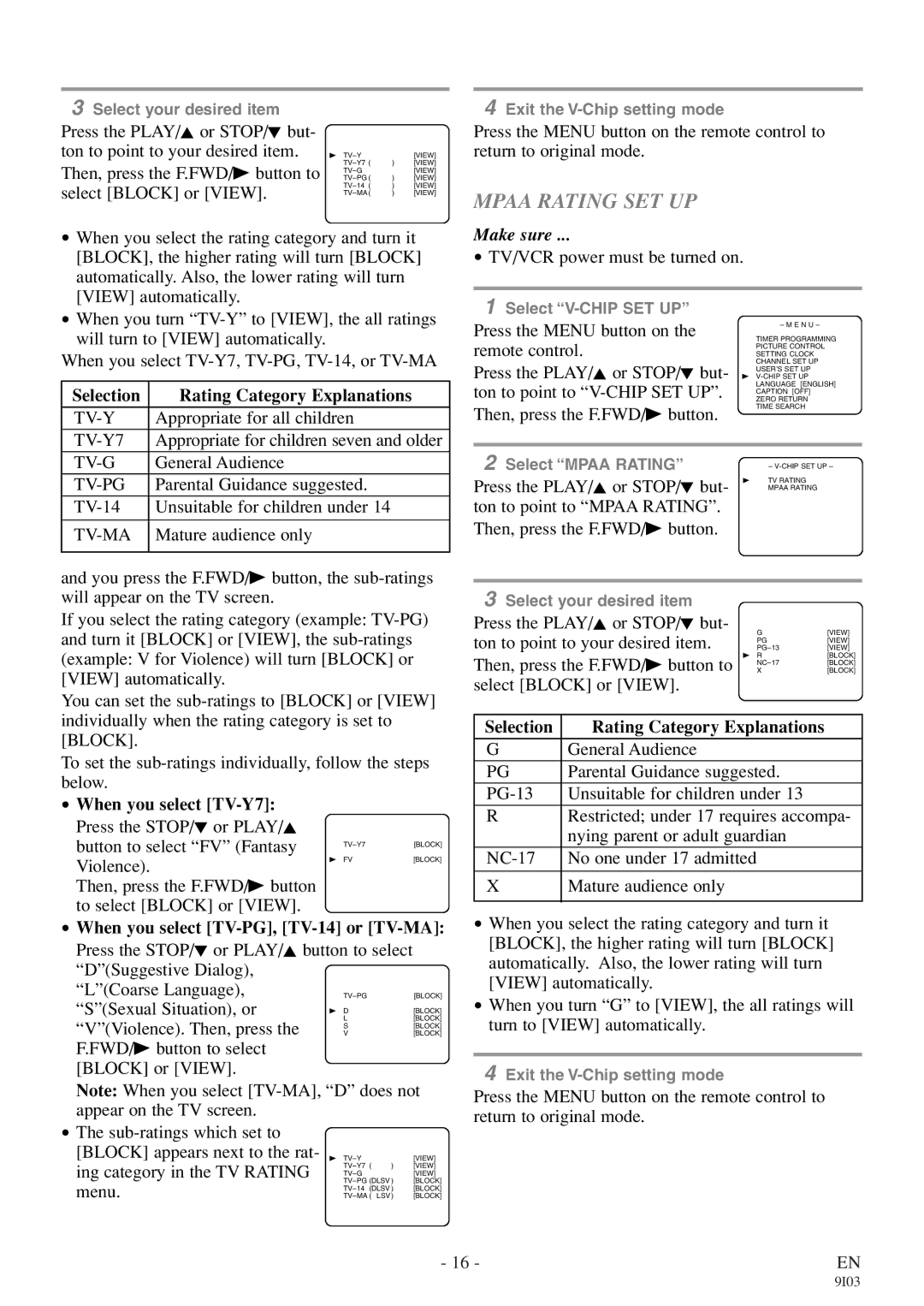 Symphonic WF319E owner manual Mpaa Rating SET UP, Selection Rating Category Explanations, When you select TV-Y7 