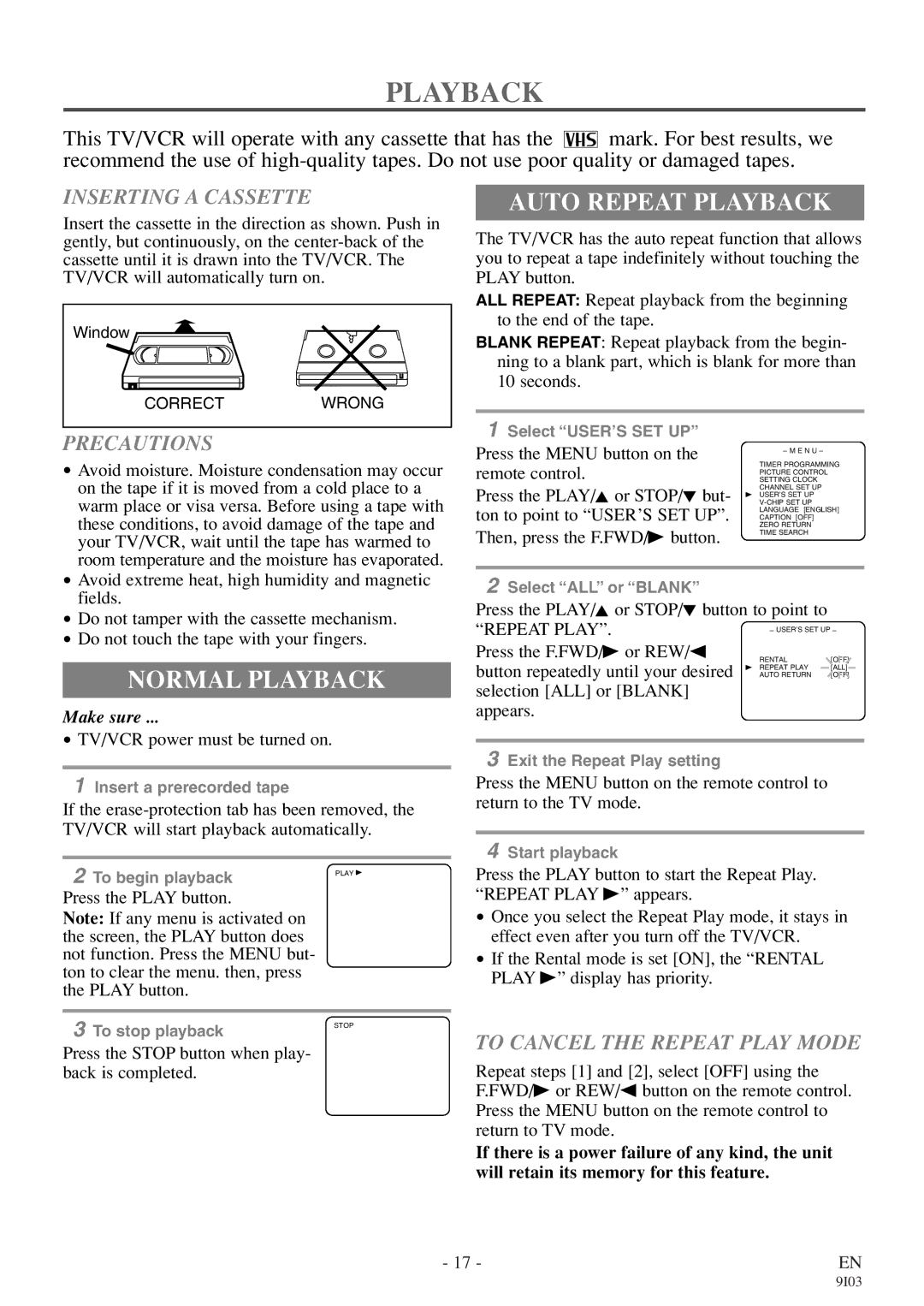 Symphonic WF319E owner manual Auto Repeat Playback, Normal Playback 