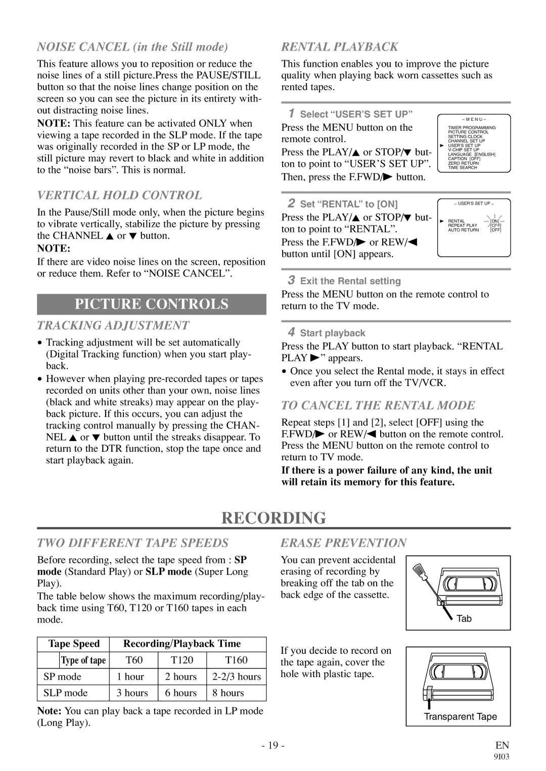 Symphonic WF319E owner manual Recording, Picture Controls 