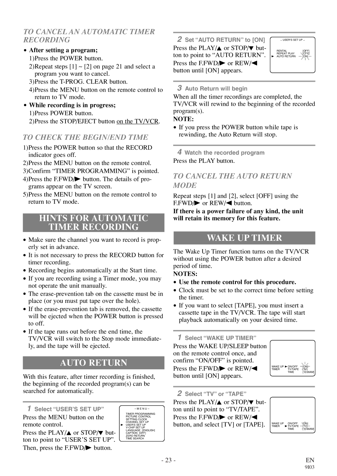 Symphonic WF319E owner manual Hints for Automatic Timer Recording, Auto Return, Wake UP Timer 