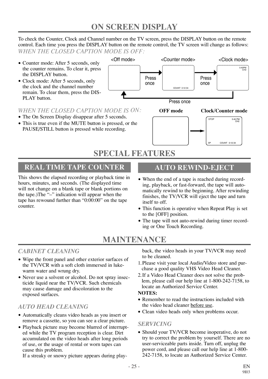 Symphonic WF319E owner manual On Screen Display, Special Features, Maintenance, Real Time Tape Counter, Auto REWIND-EJECT 