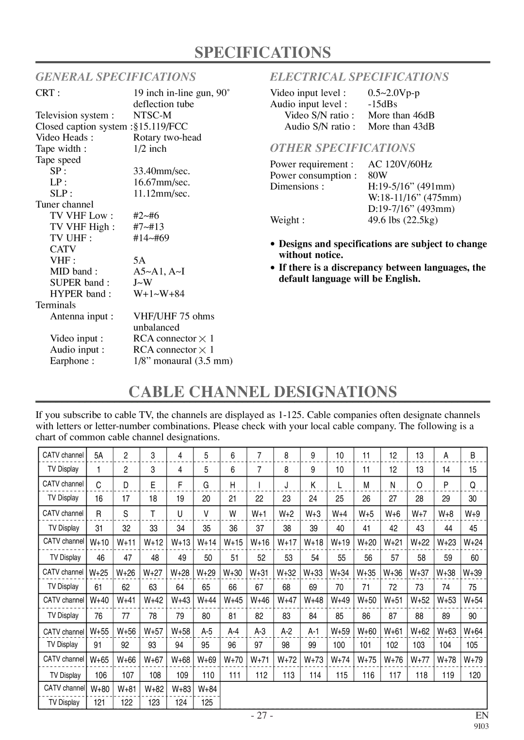 Symphonic WF319E Cable Channel Designations, General Specifications, Electrical Specifications, Other Specifications 