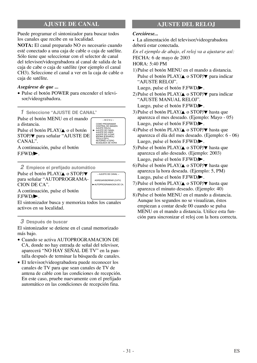 Symphonic WF319E owner manual Cerciórese, Ajuste Reloj, Ajuste Manual Reloj, Cion DE CA, Fwd/B 