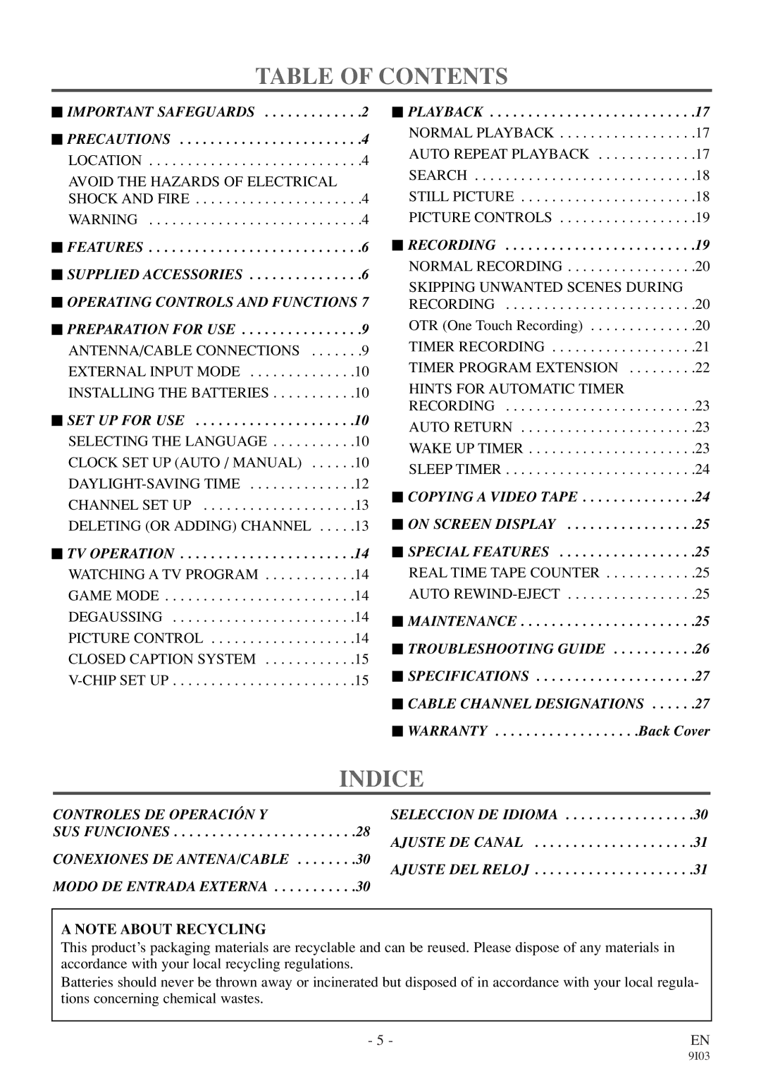 Symphonic WF319E owner manual Table of Contents, Indice 