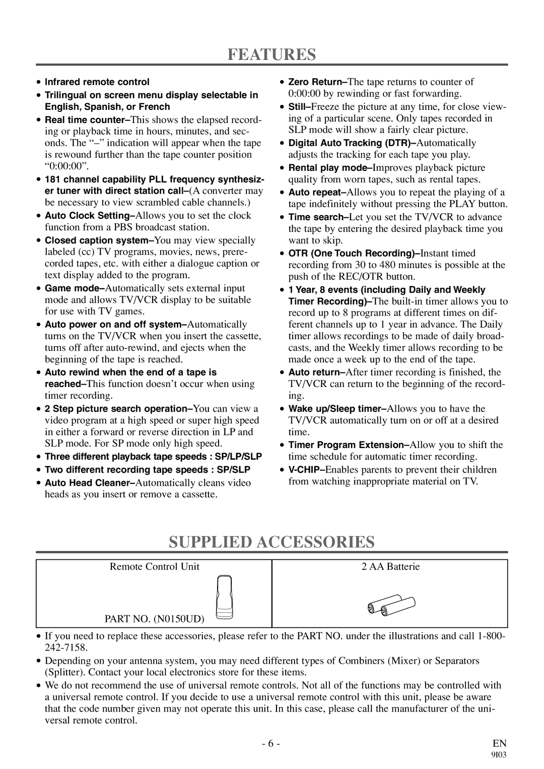 Symphonic WF319E owner manual Features, Supplied Accessories 