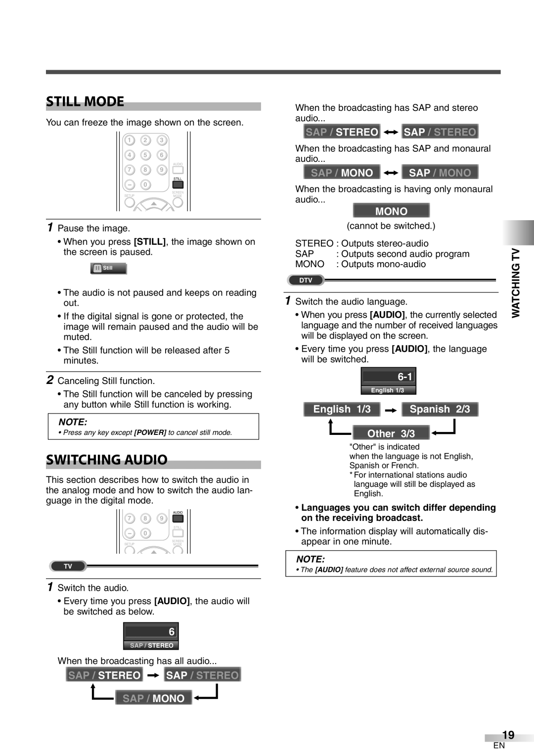 Symphonic WF32L6 owner manual Still Mode, Switching Audio 