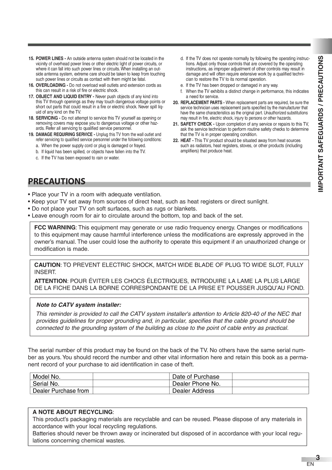 Symphonic WF32L6 owner manual Important Safeguards / Precautions, Dealer Purchase from 