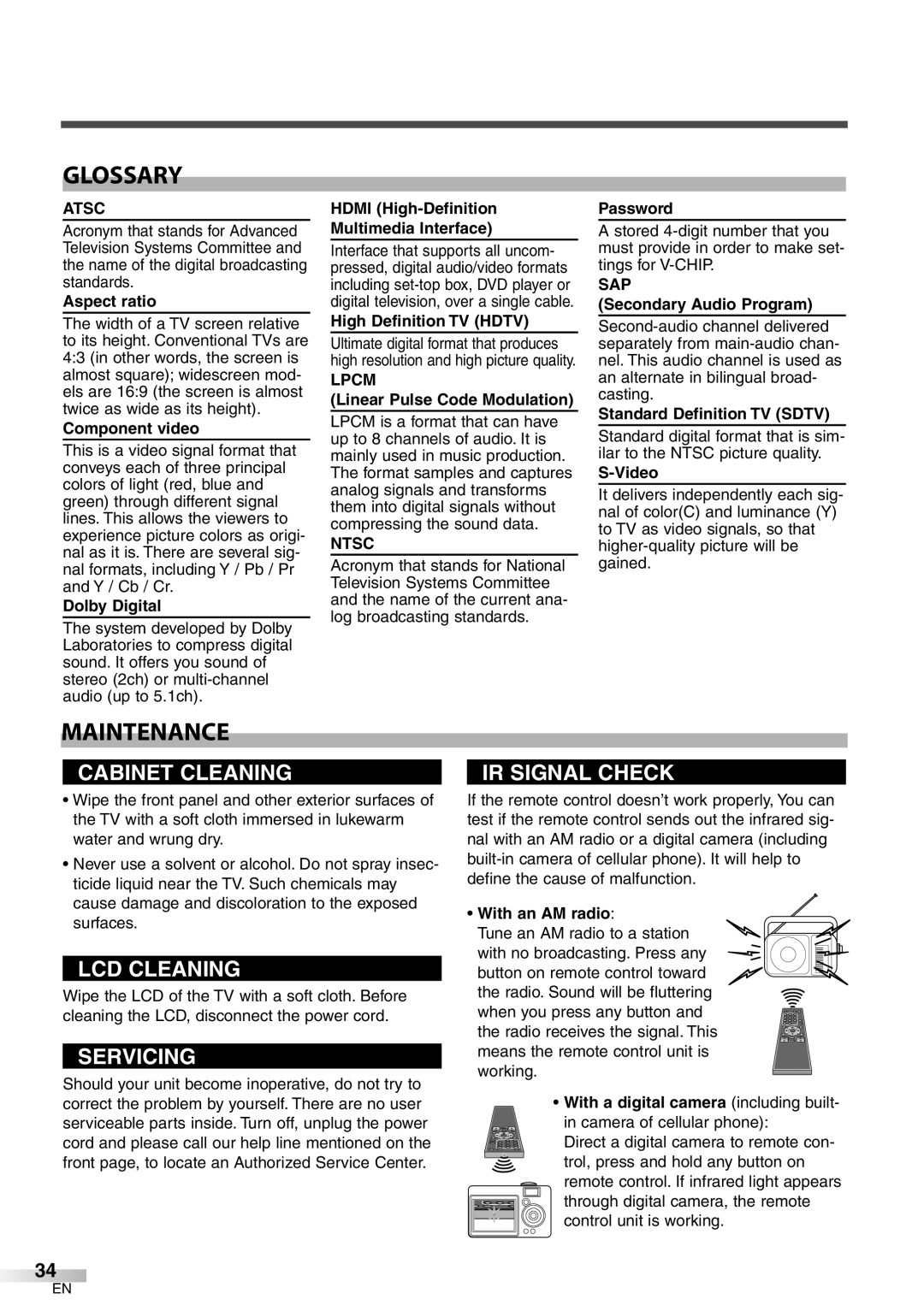 Symphonic WF32L6 owner manual Glossary, Maintenance 