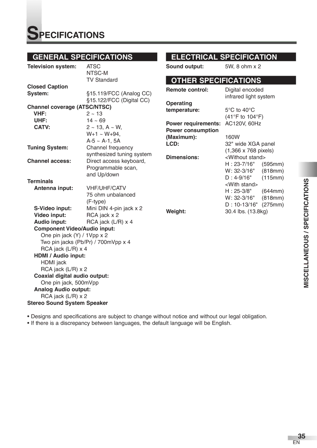 Symphonic WF32L6 owner manual Miscellaneous / Specifications, Vhf Uhf, Catv, Lcd 