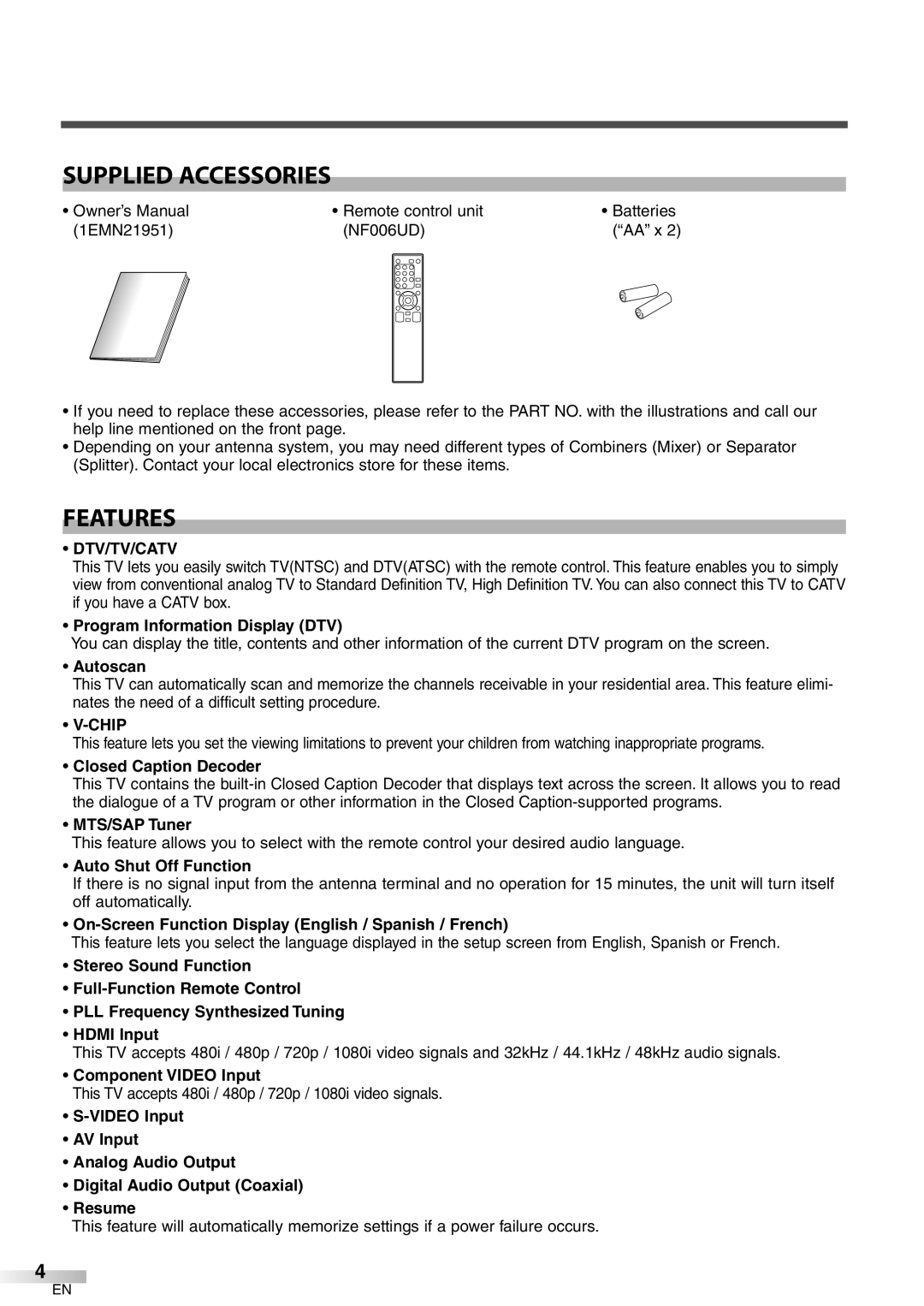 Symphonic WF32L6 owner manual Supplied Accessories, Features, Dtv/Tv/Catv, Chip 