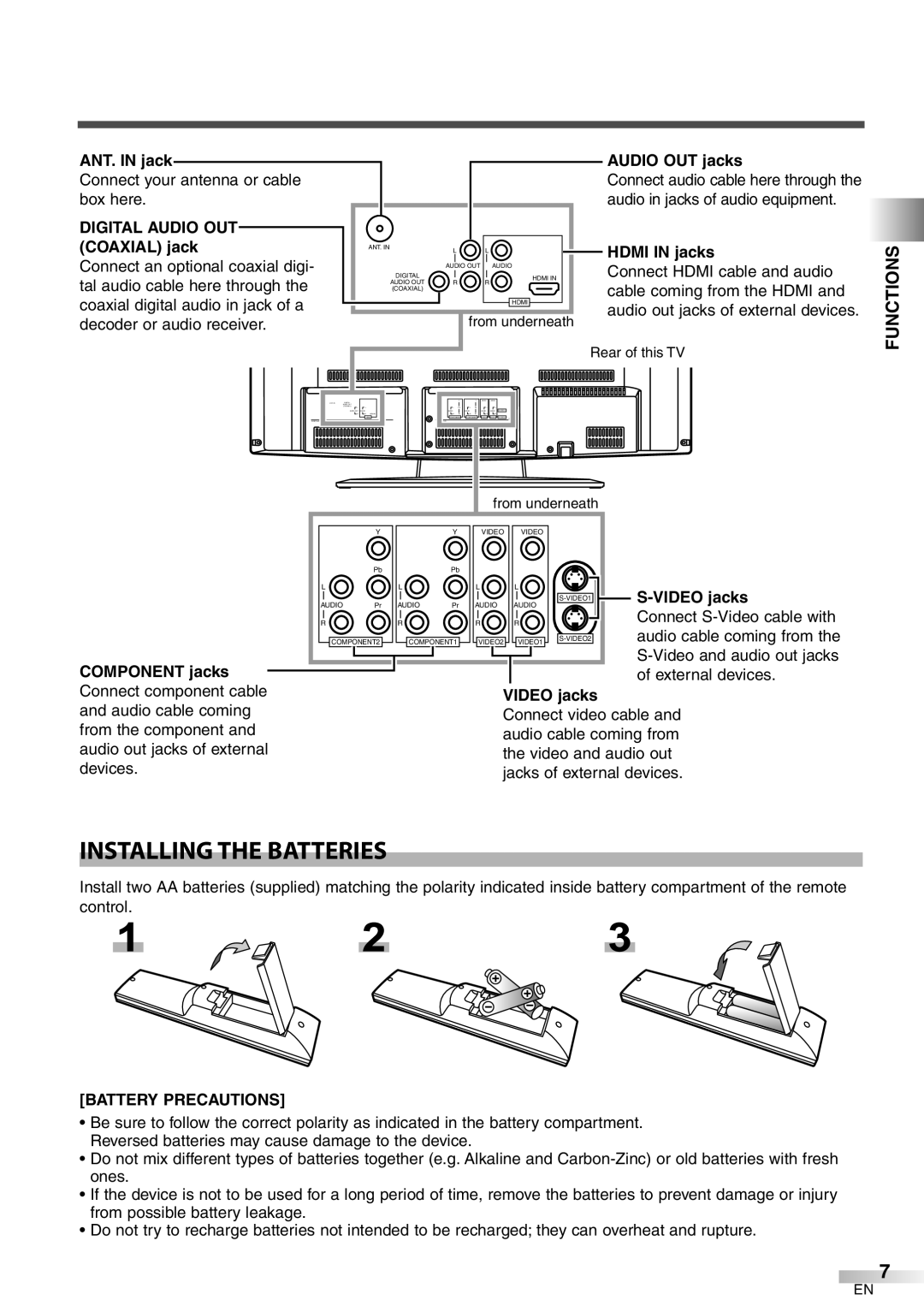 Symphonic WF32L6 owner manual Installing the Batteries, Functions, Battery Precautions 