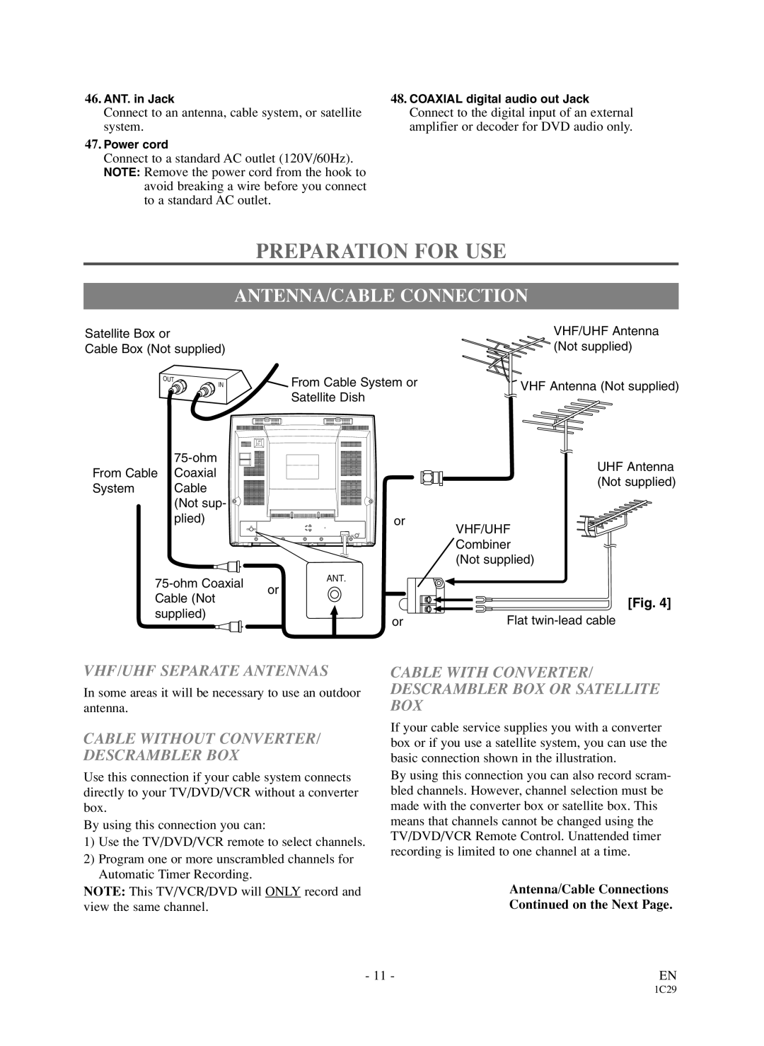 Symphonic WF719 owner manual Preparation for USE, ANTENNA/CABLE Connection, VHF/UHF Separate Antennas 